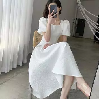 Винтажное элегантное платье с запахом, женское французское ретро черное платье миди с пышными рукавами и квадратным воротником, летняя мода, однотонное Kpop S чёрный