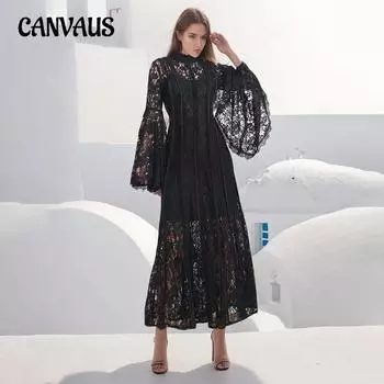 Винтажное элегантное платье, весеннее и летнее женское праздничное платье, кружевное платье с вырезом и вышивкой, длинное плиссированное платье, вечернее платье S чёрный