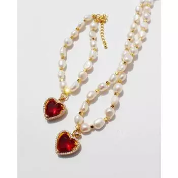 Винтажное элегантное пресноводное жемчужное красное ожерелье Love браслет Peach Heart Zircon Tide 322