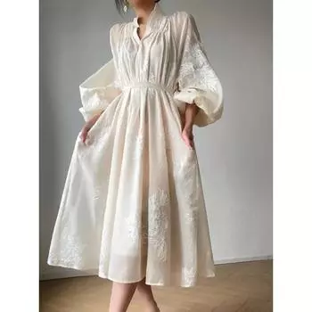 Винтажное элегантное вышитое платье миди для женщин с рукавами-фонариками в стиле кэжуал в Корейском стиле в цветочек для женщин L бежевый