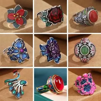 Винтажное эмалированное кольцо в этническом стиле с синим пионом и цветком, регулируемое кольцо для женщин, модное цветочное роскошное ювелирное изделие для вечеринки и отдыха, подарки resizable