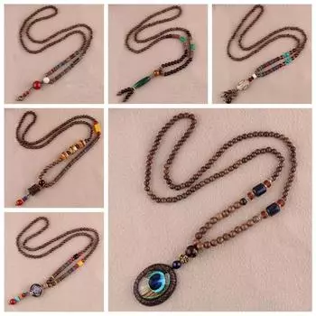 Винтажное этническое ювелирное изделие, массивное буддийское ожерелье ручной работы из Непала, узор из перьев, деревянная бусина Мала Style E