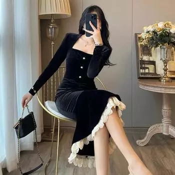 Винтажное бархатное черное облегающее платье, женское ретро кружевное платье с запахом, вечерние элегантные вечерние платья, облегающее модное весеннее платье S чёрный