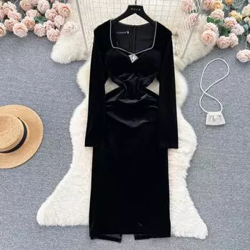 Винтажное бархатное кружевное лоскутное праздничное платье в стиле Хепберн с бисером, женское черное облегающее вечернее платье с квадратным воротником S чёрный