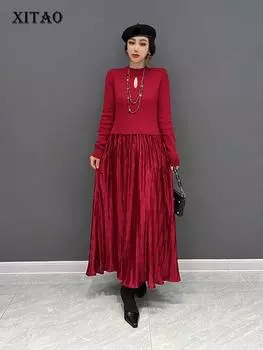 Винтажное бархатное вязаное платье XITAO с полувысоким воротником WLD13129 One Size красный