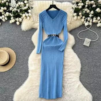 Винтажное базовое платье с V-образным вырезом и длинным рукавом, шикарное, в вертикальную полоску, с тонкими поясами, трикотажное платье для французского вечера, женская уличная одежда на осень One Size розовый