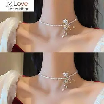 Винтажное большое бантовое прозрачное хрустальное модное ожерелье с жемчужными бусинами, колье, индивидуальное элегантное милое украшение на короткую цепочку для вечеринок