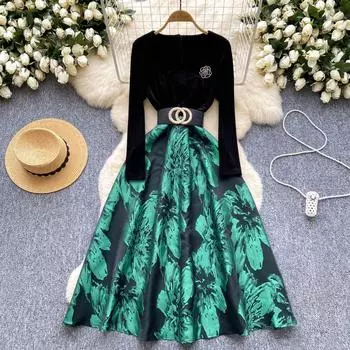 Винтажное черное лоскутное принтовое элегантное платье с длинным рукавом в стиле бохо осень-зима французская мода женские вечерние платья с V-образным вырезом One Size зелёный