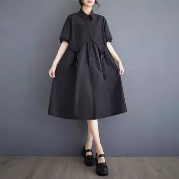 Винтажное черное новое платье больших размеров с коротким рукавом для женщин, повседневное свободное летнее платье-рубашка миди