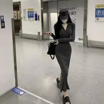 Винтажное черное облегающее платье в стиле ретро, вечерние элегантные платья с запахом и длинными рукавами для женщин, осенне-осеннее поло с v-образным вырезом S чёрный