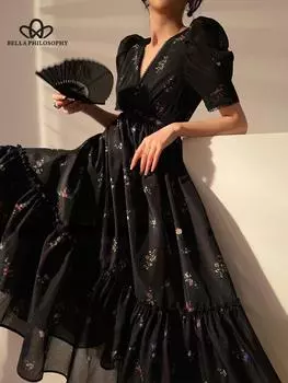 Винтажное черное платье миди с цветочным принтом, женское элегантное французское платье с коротким рукавом, пляжное летнее повседневное корейское вечернее платье S чёрный