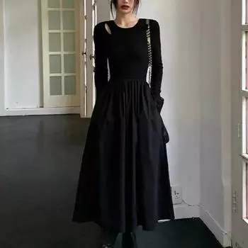 Винтажное черное платье, женское осенне-зимнее элегантное тонкое ажурное трикотажное платье с длинными рукавами и круглым вырезом, длинные платья для офисных леди S чёрный