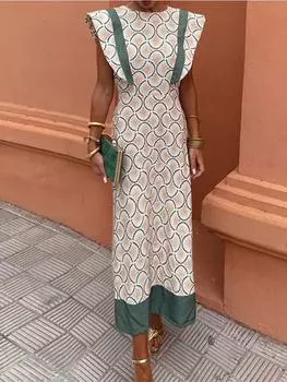 Винтажное цветное длинное платье с круглым вырезом и принтом, женское элегантное элегантное уличное платье с летящими рукавами, модные эстетические шикарные вечерние халаты M зелёный