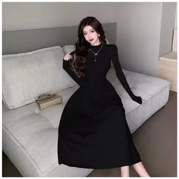 Винтажное длинное черно-красное платье, осенне-зимнее трикотажное платье с длинными рукавами, элегантное женское платье трапециевидной формы в базовом стиле во французском стиле, базовые платья S чёрный