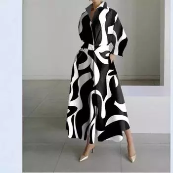 Винтажное длинное платье в стиле бохо с абстрактным принтом 2025 года, весеннее платье-рубашка с застежкой-молнией на лацкане, женское летнее пляжное платье с длинным рукавом А-силуэта S чёрный