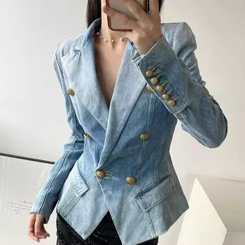 Винтажное джинсовое пальто для женщин, осеннее европейско-американское модное облегающее платье, элегантный универсальный пиджак больших размеров XS синий