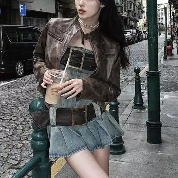 Винтажное джинсовое платье без бретелек Y2k, женское летнее облегающее сексуальное корейское модное плиссированное мини-платье с поясом 2000-х годов, уличная одежда S