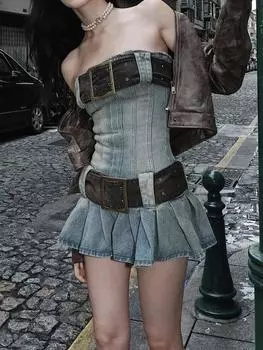 Винтажное джинсовое платье без бретелек Y2k, женское летнее облегающее сексуальное корейское модное плиссированное мини-платье с поясом 2000-х годов, уличная одежда S