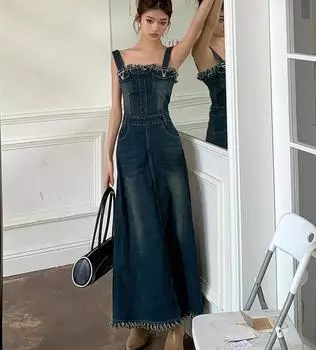 Винтажное джинсовое платье на бретелях, женские летние длинные платья с высокой талией Y2k, корейская одежда S