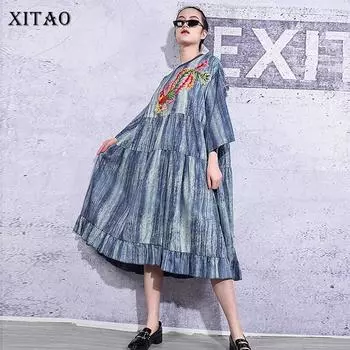 Винтажное джинсовое платье XITAO с вышивкой DMY3141 One Size синий
