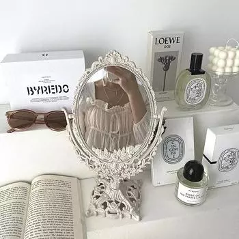 Винтажное европейское зеркало для макияжа, овальное косметическое зеркало, вращающееся на 360 градусов, настольное зеркало для туалетного столика, домашний декор белый