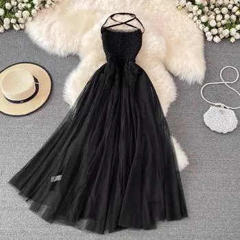 Винтажное газовое платье без рукавов в стиле Хепберн с открытой спиной и без бретелек, большое свободное платье с надписью «A-word» для морского отдыха S чёрный