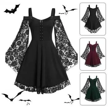 Винтажное готическое женское платье, кружевное вязаное крючком платье с расклешенными рукавами, платья ведьмы вампира, средневековый Ренессанс, гот, косплей 5XL чёрный