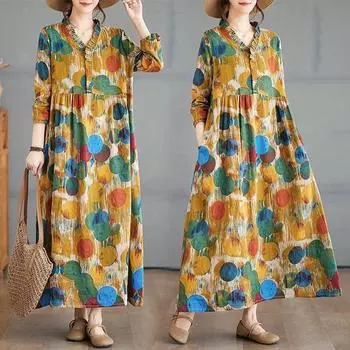 Винтажное хлопковое и льняное платье с принтом, свободное, с деревянными ушками, с длинными рукавами, длинное платье-халат L