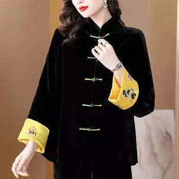 Винтажное хлопковое пальто из шелка и бархата в китайском стиле для женщин с пряжкой на новый год M чёрный