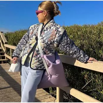 Винтажное хлопковое пальто с длинными рукавами, женская свободная теплая куртка с V-образным вырезом и принтом, съемный повседневный топ, осень S синий