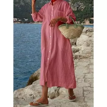 Винтажное хлопковое платье-рубашка больших размеров, женское элегантное свободное модное простое повседневное платье, женские однобортные офисные женские платья с карманами и лацканами 1002 S белый