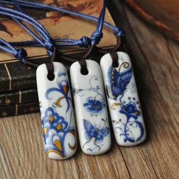 Винтажное керамическое ожерелье, сине-белое ожерелье, цепочка для свитера в виде бабочки