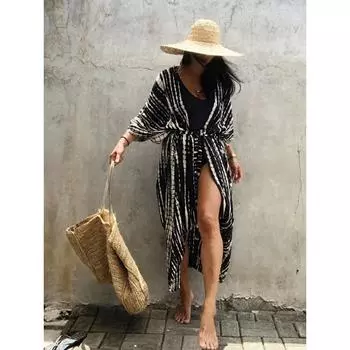 Винтажное кимоно, купальник, пляжная накидка Halo Dyeing с поясом, большой длинный кардиган, праздничные сексуальные чехлы One Size армия зеленый