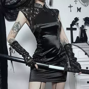 Винтажное китайское платье Cheongsam, женское готическое кружевное платье в стиле пэчворк с цветочной вышивкой, облегающее платье с короткими рукавами и высокой талией