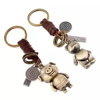 Винтажное кольцо из искусственной кожи с подвеской в виде мультяшной свиньи и медведя, подвеска для автомобиля, брелок для ключей