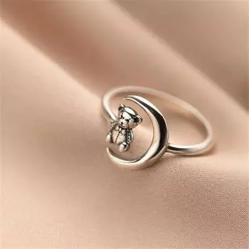 Винтажное кольцо из стерлингового серебра 925 пробы с лунным медведем, вечерние украшения для женщин и девочек, подарок на свадьбу, Рождество, день рождения