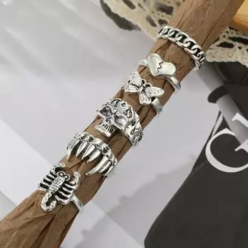 Винтажное кольцо ручной работы с изображением скелета, зуба и бабочки, универсальный комплект ювелирных колец серебряный