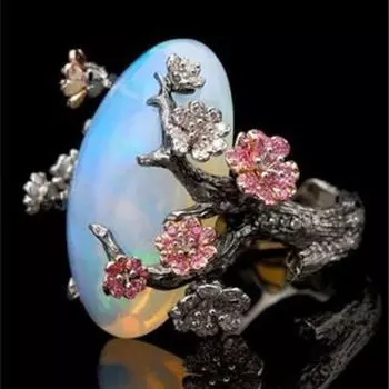 Винтажное кольцо с цветком белого огненного опала для женщины, подарок на свадьбу, обручальное кольцо «Счастливое дерево», размер 5–11 5