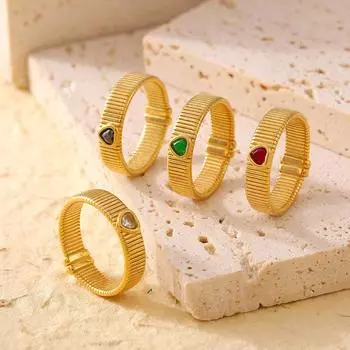 Винтажное кольцо с текстурой «ступенька» с цветным сердечком, стеклянным камнем, кольцо из нержавеющей стали с покрытием из настоящего золота 18 карат, женское No. 6