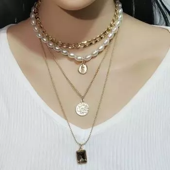 Винтажное красивое ожерелье с подвеской из драгоценного камня, женская модная овальная жемчужная многослойная цепочка
