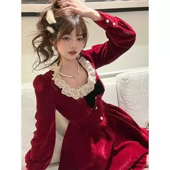 Винтажное красное мини-платье женское Y2K кружевное лоскутное платье трапециевидной формы с бантом для рождественской вечеринки милое корейское платье с квадратным воротником Vestidos S красный