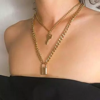 Винтажное креативное колье в стиле панк, преувеличенная толстая цепочка, ювелирное изделие, ключ с замком, двухслойное ожерелье, женское металлическое ожерелье на шею в стиле хип-хоп золотой