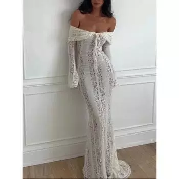 Винтажное кремовое цветочное кружевное платье макси с открытыми плечами, модное расклешенное платье с длинными рукавами и вырезом, облегающее женское вечернее платье S белый