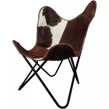 Винтажное кресло-бабочка из коричневой и белой коровьей кожи, кресло для отдыха, кресло-акцент Relax