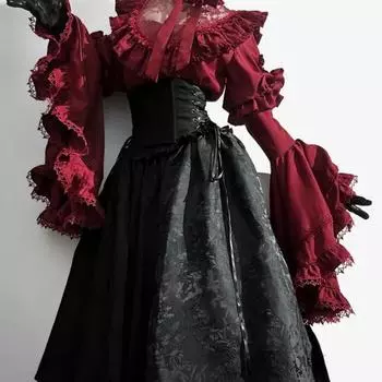 Винтажное кружевное лоскутное платье с длинным рукавом в стиле Лолита, женские рубашки с завышенной талией, средней длины, свободные юбки, весна-осень XXL красный