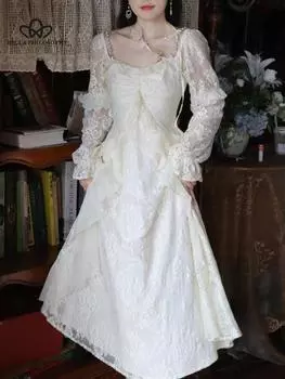 Винтажное кружевное платье феи, женское элегантное тонкое вечернее платье миди с цветочным принтом, женское вечернее платье в стиле ретро, костюм из 2 предметов S бежевый