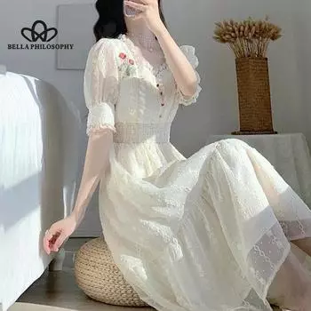 Винтажное кружевное платье-миди феи, женское летнее элегантное вечернее платье принцессы с французским цветочным принтом, женское вечернее цельное платье в корейском стиле S синий