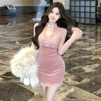 Винтажное кружевное сращивание бархатное тонкое платье ципао юбка женская S