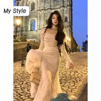 Винтажное кружевное вечернее платье с квадратным воротником во французском стиле в стиле ретро, облегающее сексуальное вечернее платье с длинными рукавами XS бежевый