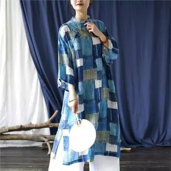 Винтажное льняное платье с круглым вырезом и принтом, весенне-летнее женское модное повседневное платье с длинным рукавом